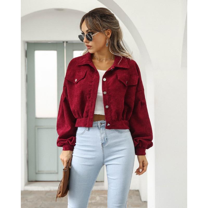 Женская повседневная вельветовая куртка с лацканами, осенне-зимняя однобортная короткая куртка с рукавами-фонариками