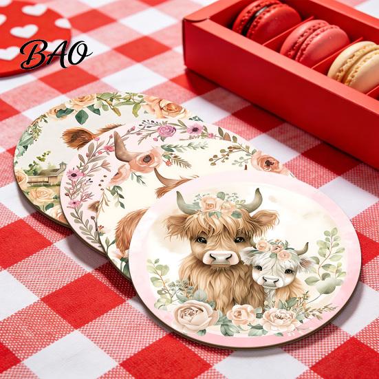 Unique Aesthetic Table Settings Highland Cow Cork Coasters, Cute Floral Farmhouse Drink Mats with Coffee Mug for Living Room Non-Slip Base,