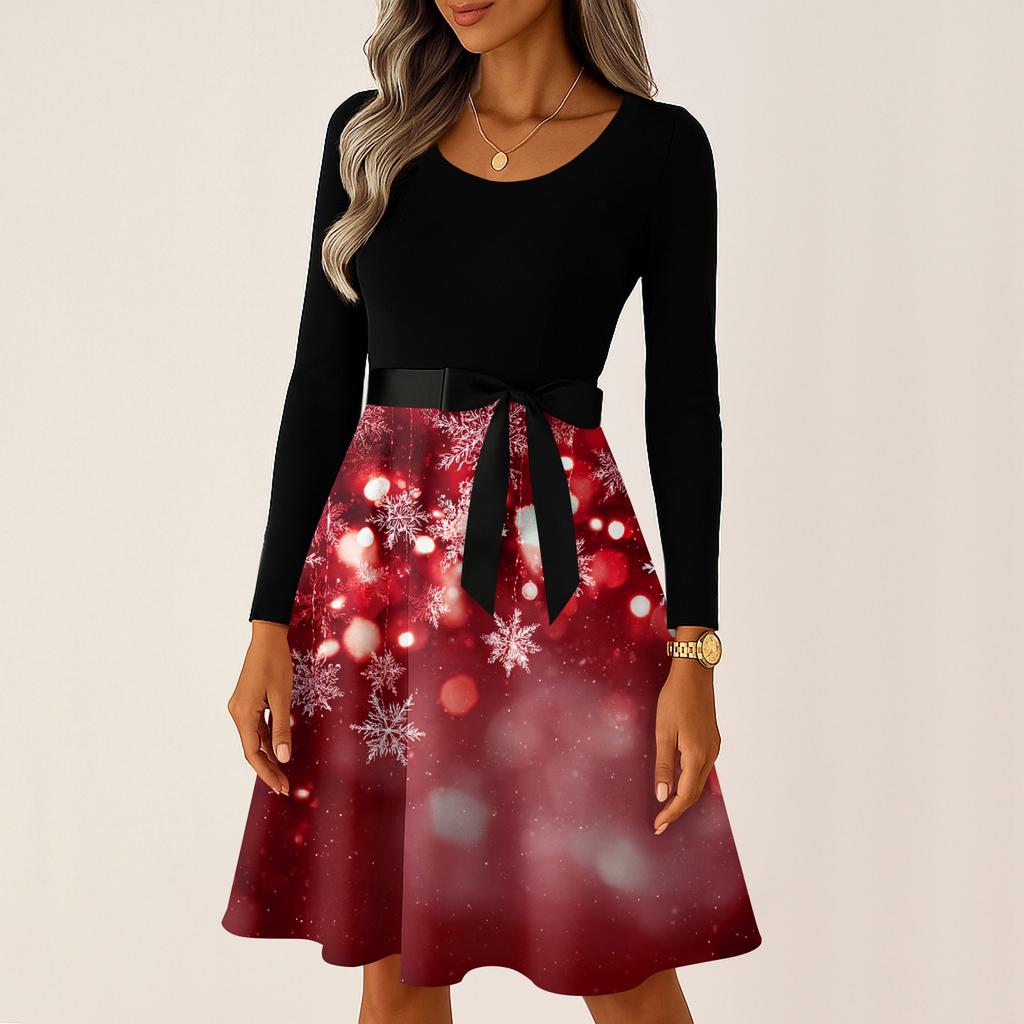 Women's Casual Fashion Round Neck Long Sleeve Christmas Printed Party Vintage Long Dresses