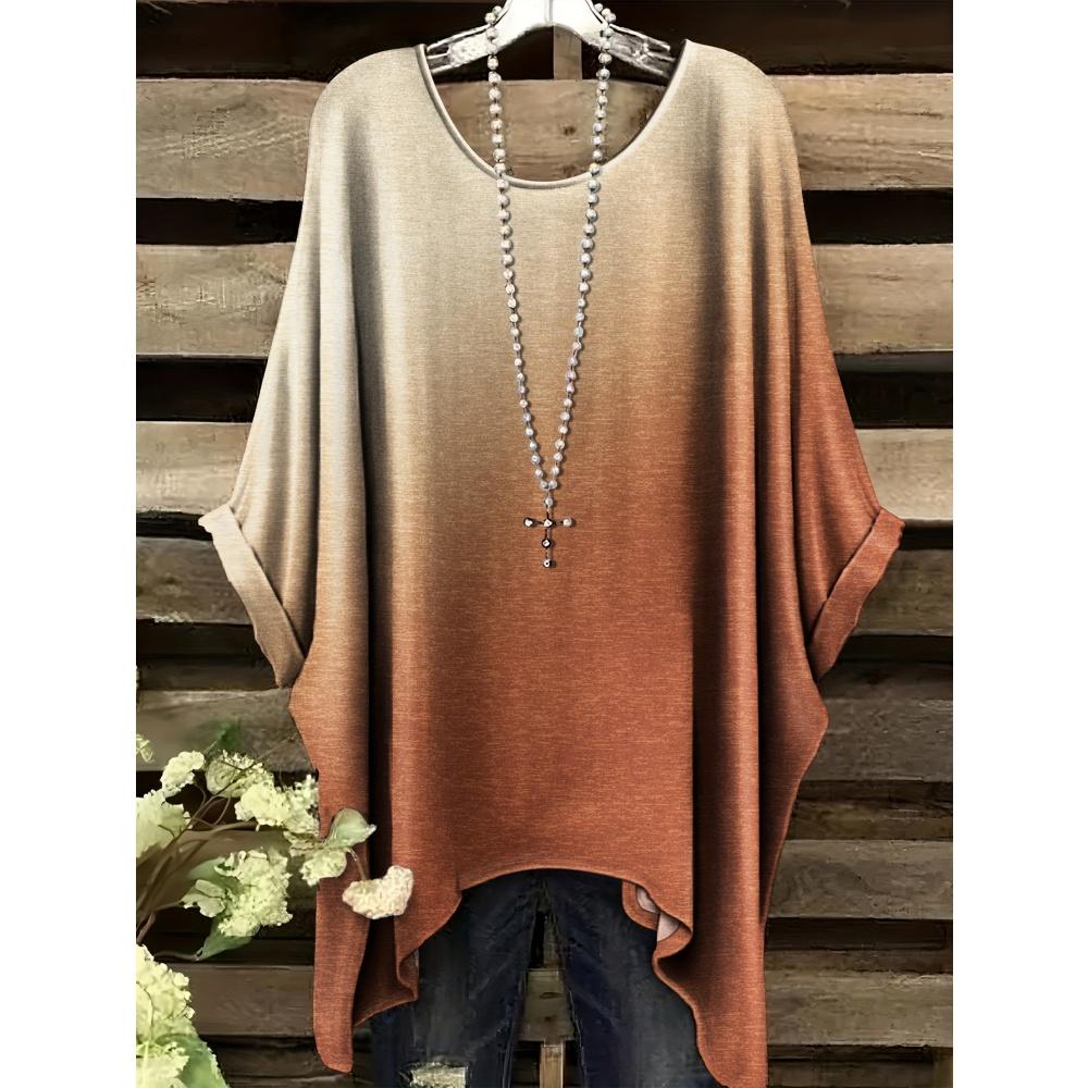 Women 's T-Shirt Simple Color Gradient Print Elegant Irregular Hem O- Neck Women's Clothing Casual T-Shirt Vacation Style Loose