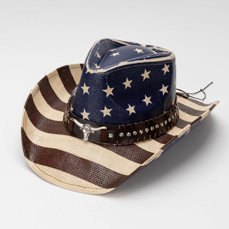 Unisex Vintage American Flag Print Woven Straw Cowboy Hat With Bull Head Rivet Band