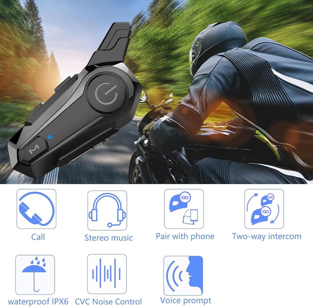 E1 Motorcycle Bluetooth 5.0 Helmet Intercom Headset + Waterproof IPX6 + 2 Riders + 1000M Range + Hands-Free Music for Outdoor Riding