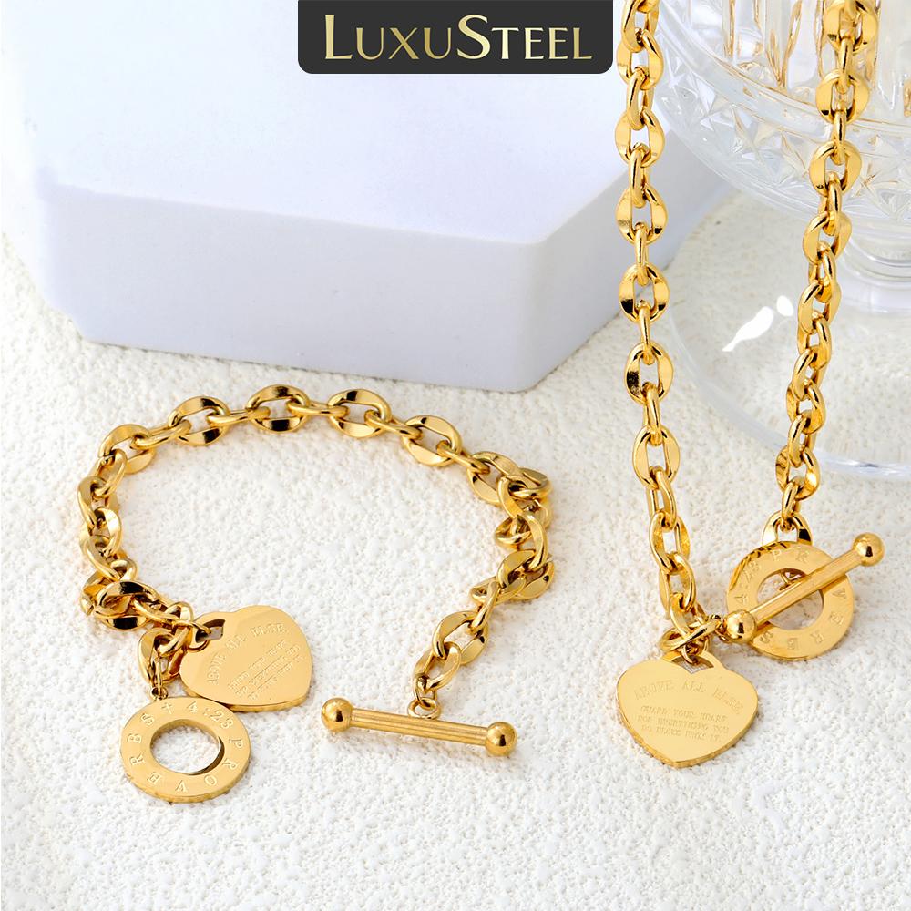 LUXUSTEEL Golden Heart Shaped Pendants Necklace Bracelet Sets For Women Stainless Steel Chain Necklace Bangle Set Jewelry Gift