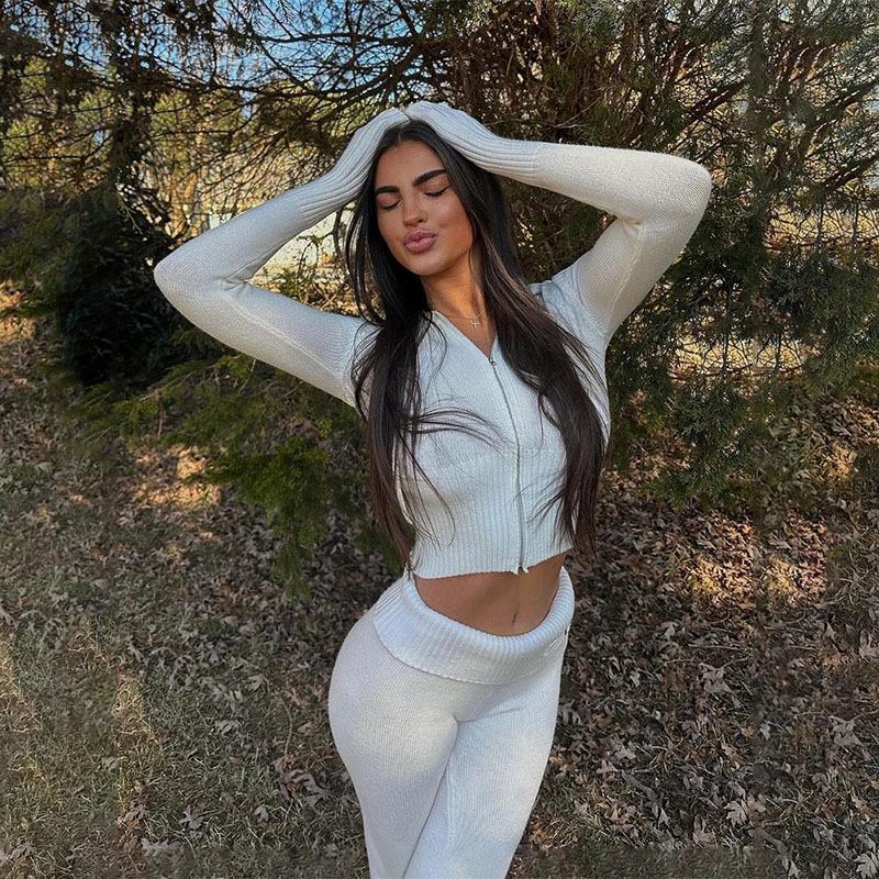 2023 Женская Мода Сексуальный Вязаный Худи с Капюшоном Комплект из Двух Предметов с Завышенной Талией