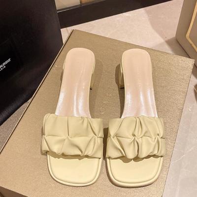 Женские летние тапочки. Шлепанцы. Квадратный каблук. Новые плиссированные корейские тапочки. Женские сандалии. Зеленые тапочки. Размеры плюс 35-42.