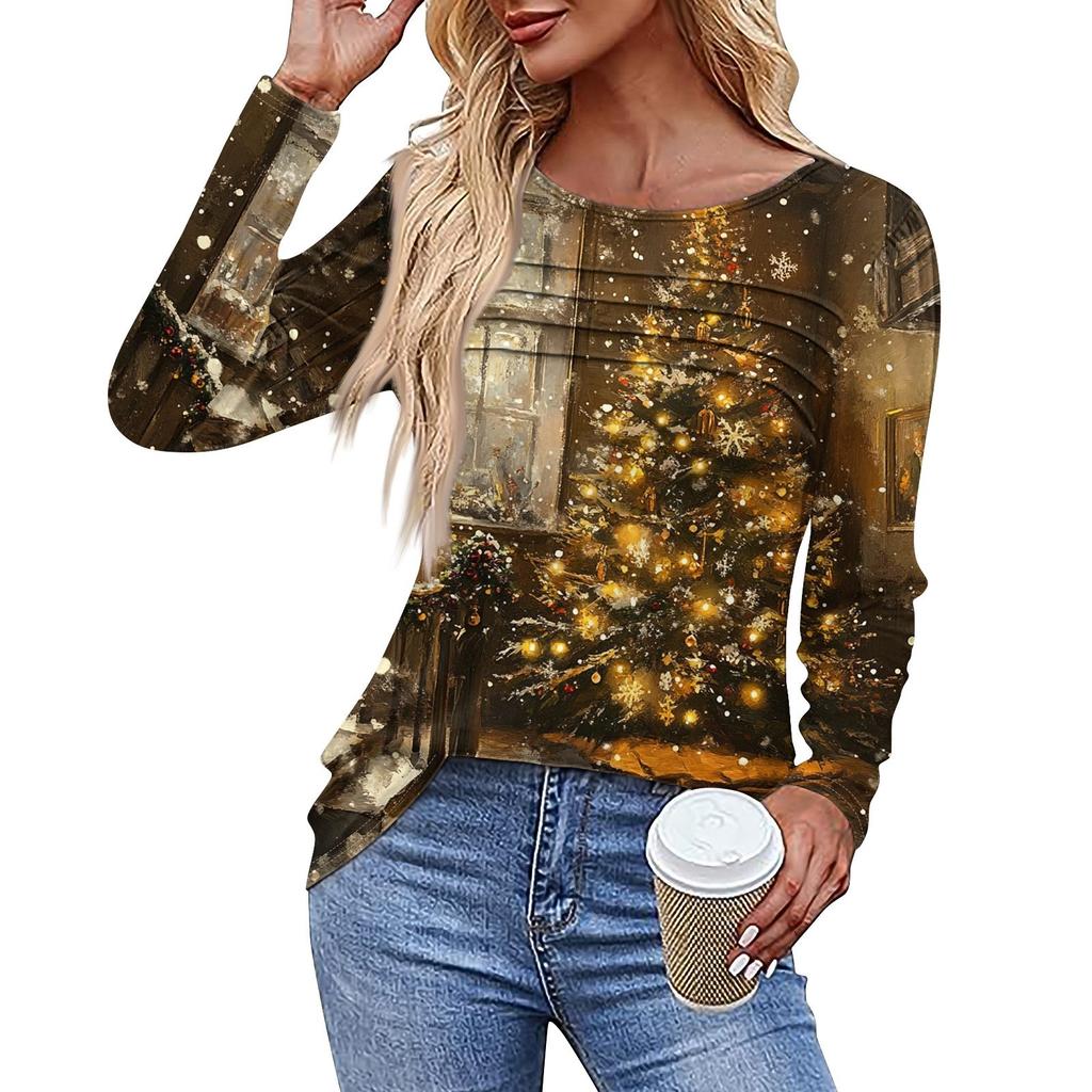 Женская повседневная модная футболка с круглым вырезом и длинными складками на Рождество