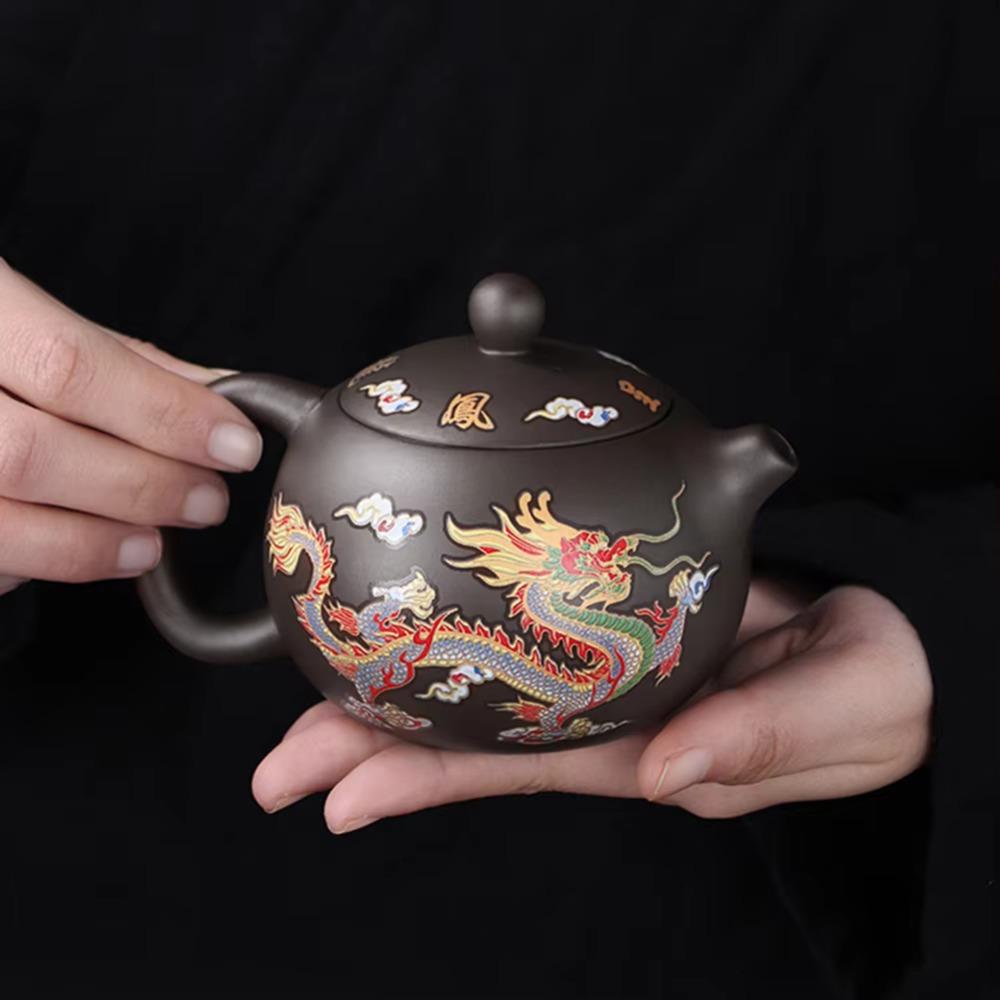 Hand-made Changes Color Purple Clay Teapot Dragons Phoenixs Pattern Tea Infuser  Living Room