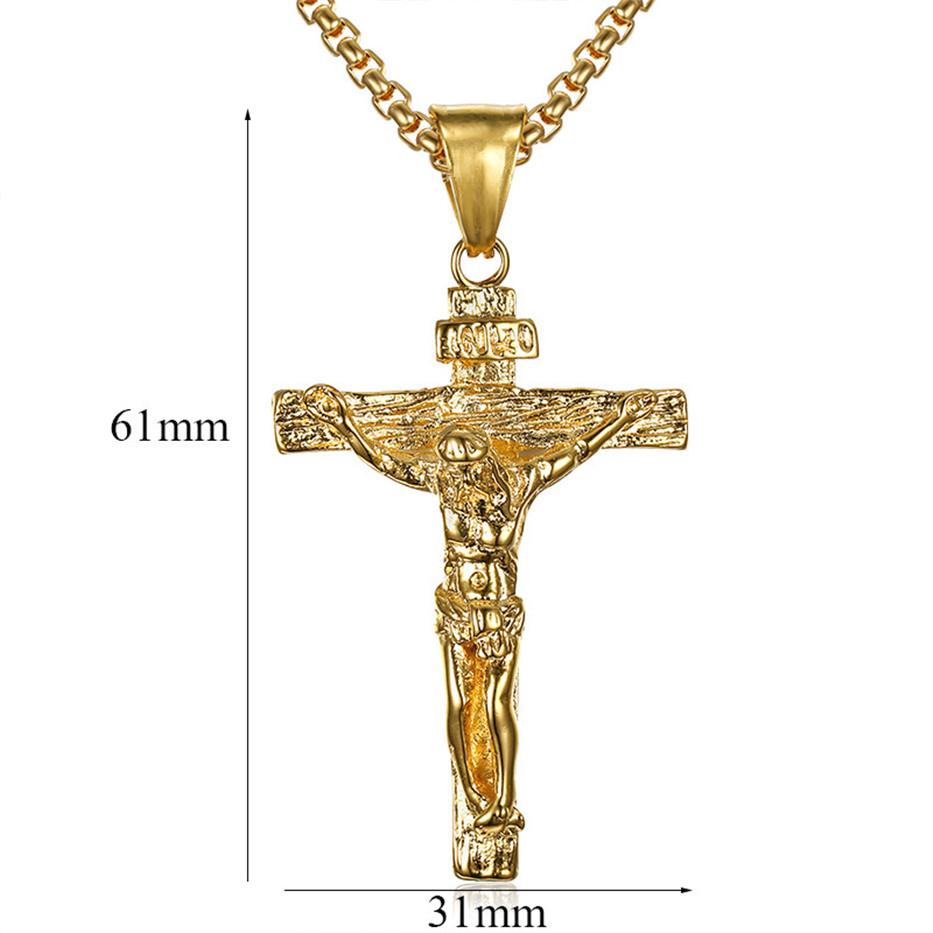 Religious INRI Crucifix Jesus Cross Pendant Necklace Gold Color Stainless Steel Neck Chain for Men Christian Catholic Jewelry