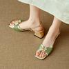 Square Head Beaded Disc Buckle Open-toed Sandals Women's Summer Retro National Style Thick Middle Heel with Sandals