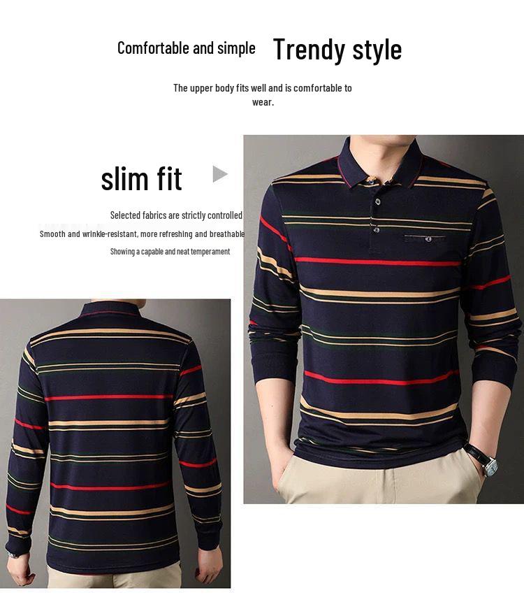 Men's Autumn Striped Long-Sleeve Collared Shirt - Loose Fit for Middle-Aged & Elderly