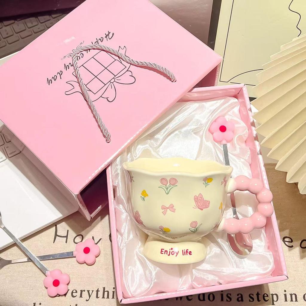 Girls Birthday Gift Ceramic Coffee Mug Creative Flower Design High Value Household Cup