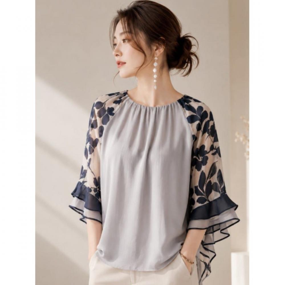 Rellawear Women Floral Sheer Ruffle Blouse