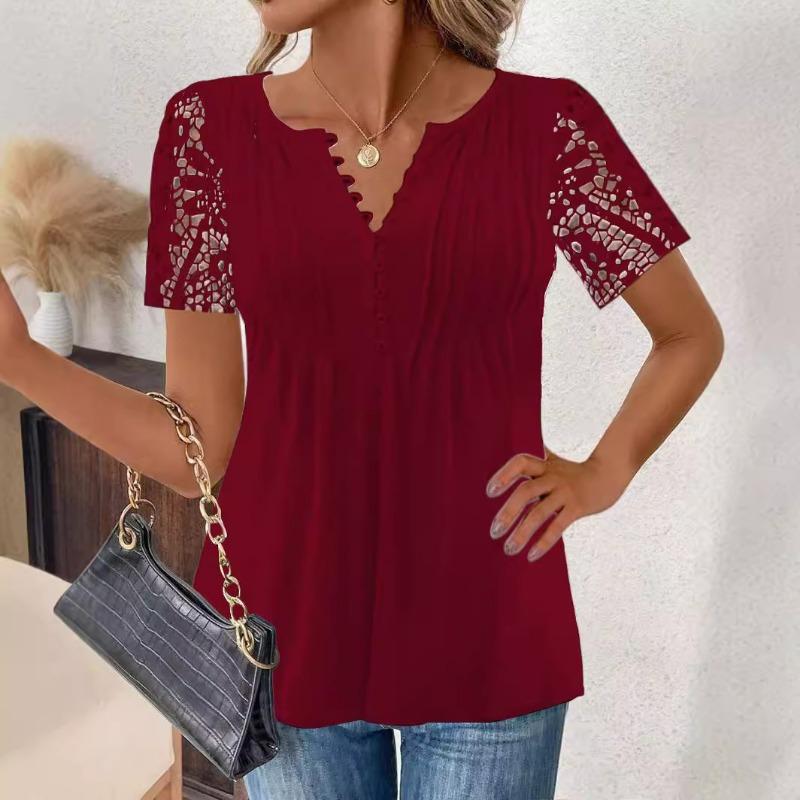 Summer T-shirt Fashion Women's Lace Lace Sleeves T-shirts Crimp Loose Solid Color Casual Printed Button Short Sleeve Tops