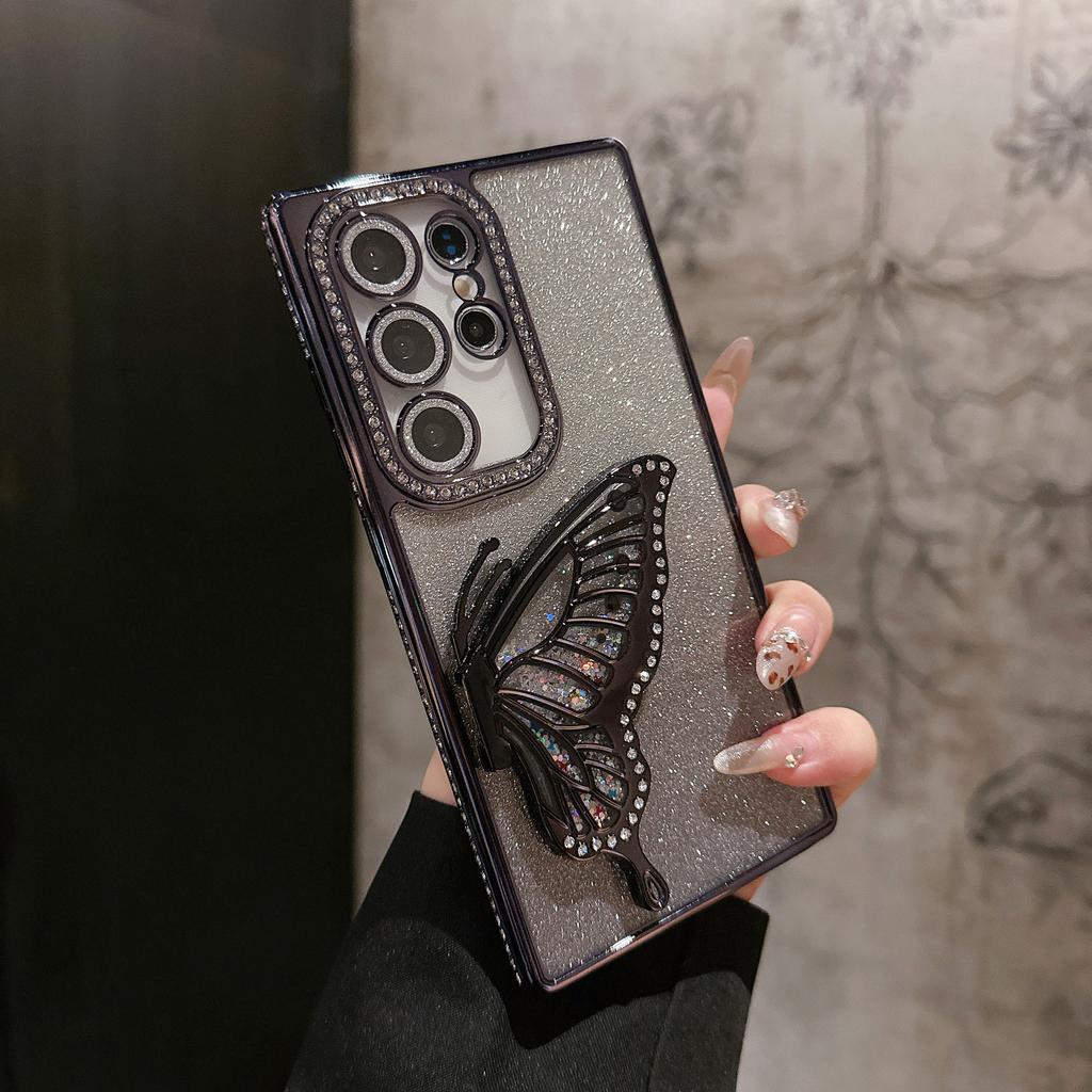 Подходит для Samsung S25ULTRA Гальванизированная Рамка со Стразами Блестящая Бабочка Подставка Чехол для Мобильного Телефона A55 Полностью Покрывающая Пленка на Объектив