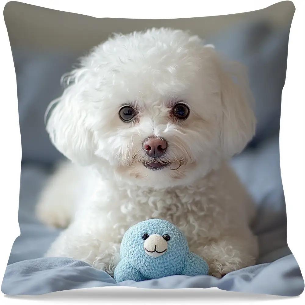 1 Pillowcase, 2D Flat Printing, Single-Sided Printing (No Pillow Core), 17.72*17.72 Inches (45*45 Cm), Non-Real Embroidery, Bichon Frise Playful Pillo