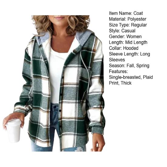 Женское осенне-зимнее пальто с капюшоном на шнурке, клетчатый принт с длинными рукавами, однобортный толстый плюшевый теплый кардиган, повседневное повседневное пальто