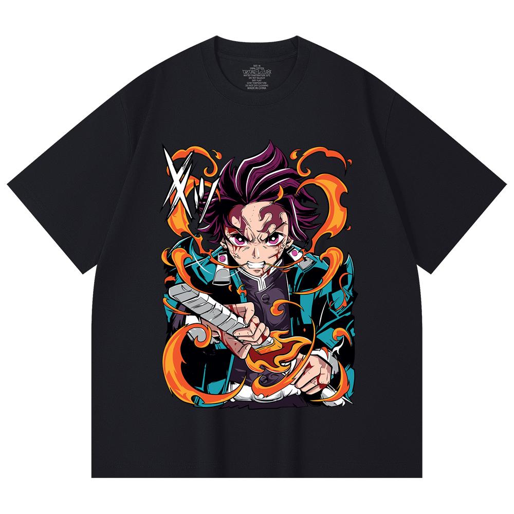 230 Gsm 100% Cotton Demon Slayer V64 Tanjiro Fire Breathing Print Unisex Heavy Cotton T Shirt