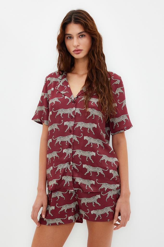 Women's Fashion New Pajama Set Emerald Green Patterned Viscose Shirt-Shorts Woven Pajama Set