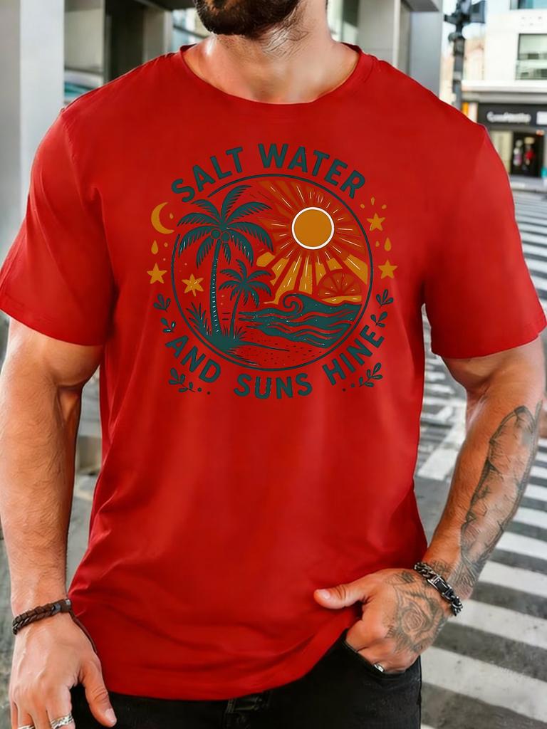 Navy Unisexs Tee Salt Water Sunshine Palm Print Crew Neck Cotton Short Sleeve Fashion Male Street Summer Soft Daily Casual Wear