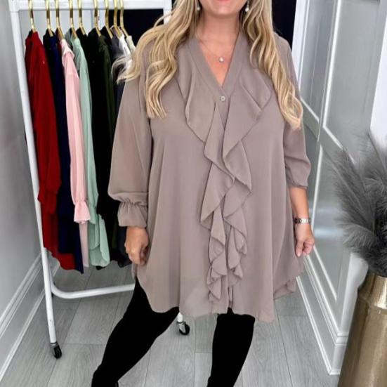 Женская рубашка с V-образным вырезом, длинным рукавом, оборками, повседневная рубашка, однотонные повседневные свободные топы, шифоновая блузка, повседневная одежда