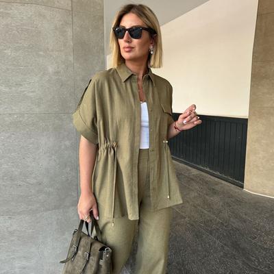 Комплект брюк для женщин, комплект из двух предметов, повседневная рубашка с коротким рукавом, белая, с завязками, топы, широкие длинные брюки, свободные комплекты, весна 2010 года