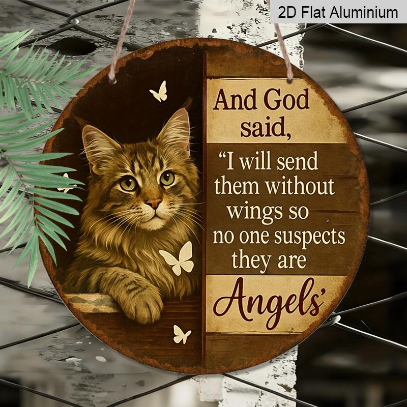 2D Flat, 1pc Aluminum Metal Sign, Inspired by Cats and Butterflies, Decor Features Christian Quote and Wingless Angel Motif.Suitable for