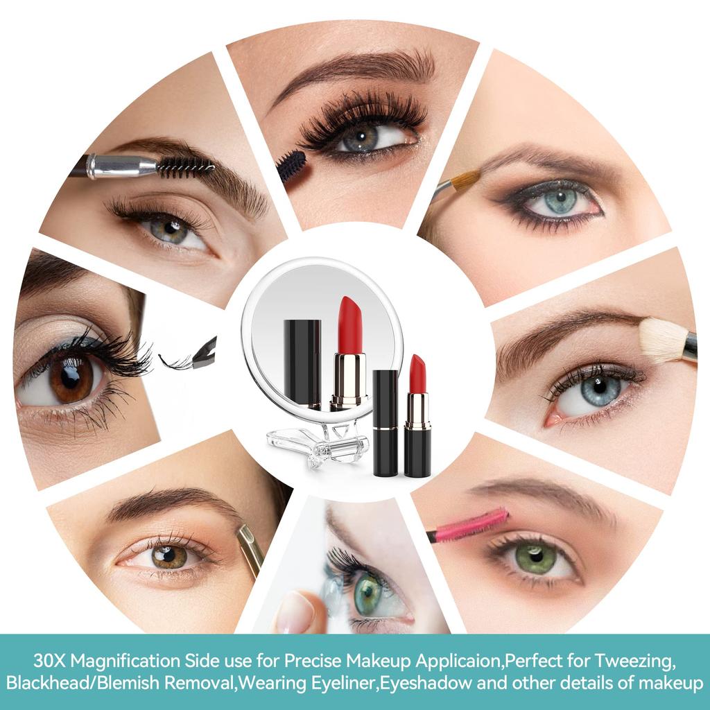 Косметическое зеркало с 30-кратным увеличением и подставкой и ручкой 1x и легко округляемое Двустороннее увеличение, зеркало, легкое, компактное, для переноски,