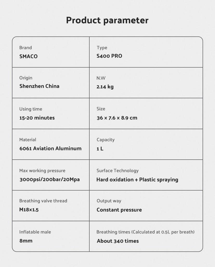 Баллон для подводного плавания SMACO S400 Pro 1 л - черный