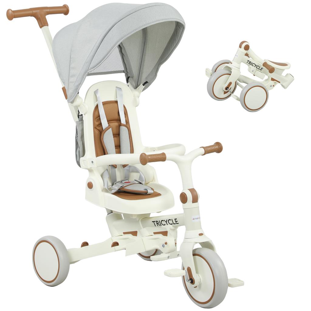 Children's Tricycle, Convertible Baby Buggy, 5-in-1, Push Handle, 1-3 Years, Cream White