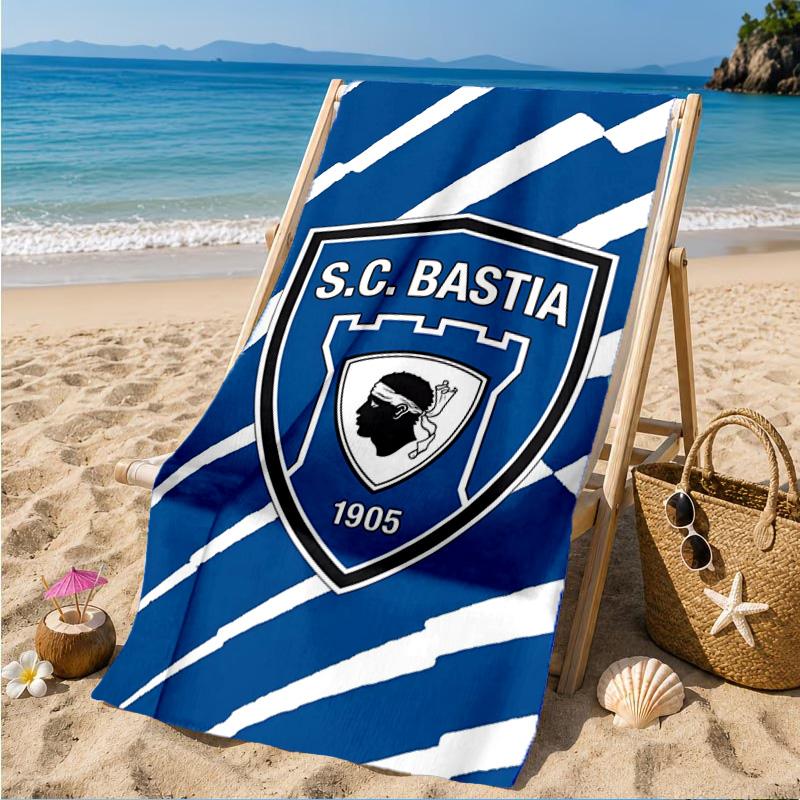 Пляжное полотенце с гербом футбольного клуба SC Bastia, Быстросохнущее, Легко ухаживать, Подходит как для занятий спортом, так и для пляжного отдыха, Спортивный аксессуар