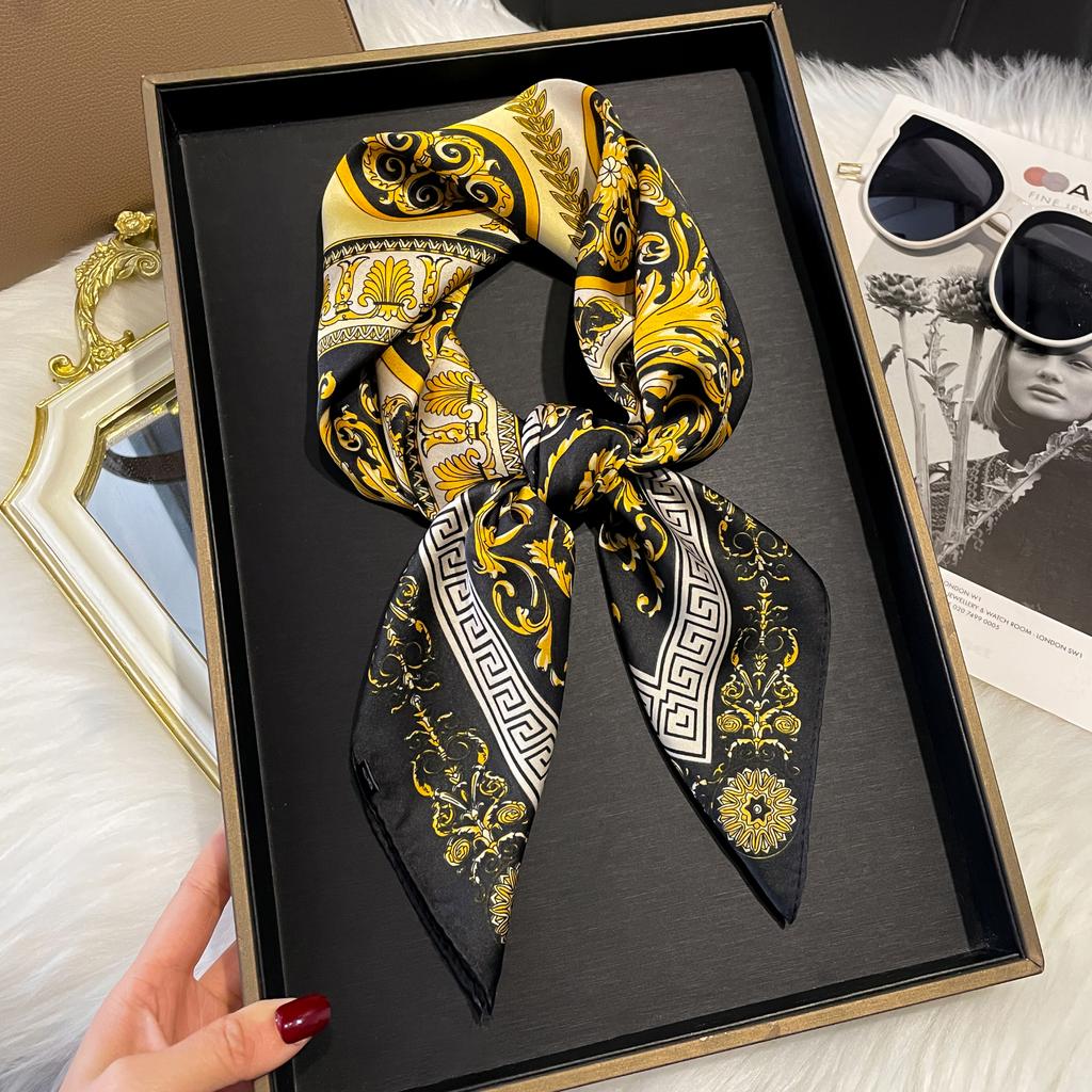 Новый роскошный принт 70*70 см шелковый квадратный шарф женский мягкий атласный ободок для волос шейный платок галстук женский ободок фуляр сумка лента подарок