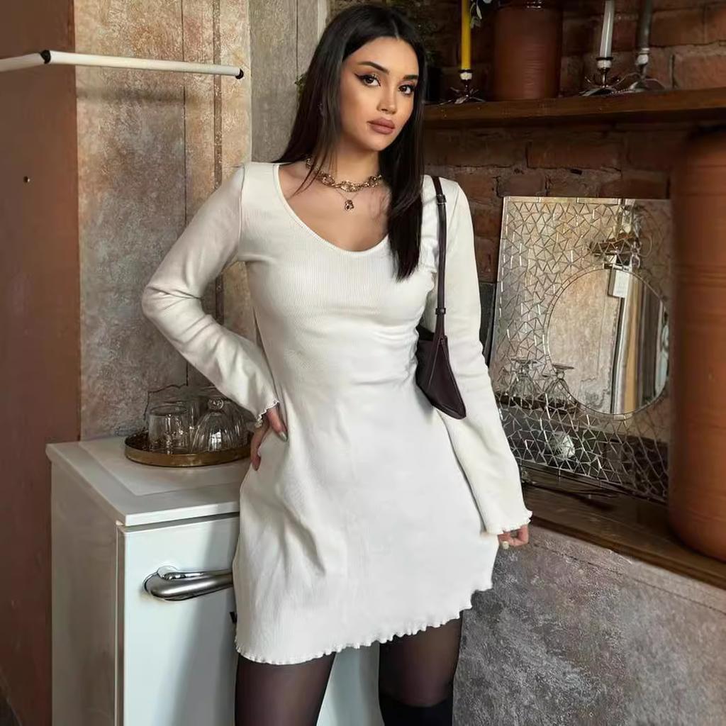 Стиль Женское Летнее Новое Однотонное В рубчик Модное Платье с Длинным Рукавом и Талией