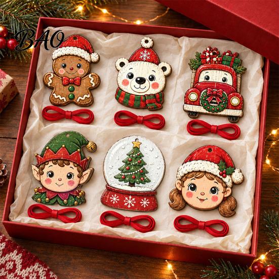 Decorative Wooden Crafts Christmas Tree Pendants with Red Rope, Cute Cartoon Hanging Ornaments Gifts for Family Holiday Home Decoration, Fireplace And