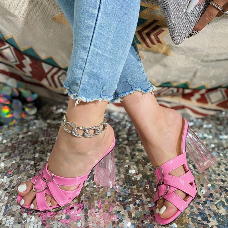 Liyke  New Pink Transparent Strange Thick Heels Slippers Women Heart Shaped Buckle Designer Shoes Ladies Sandals Mules Slide