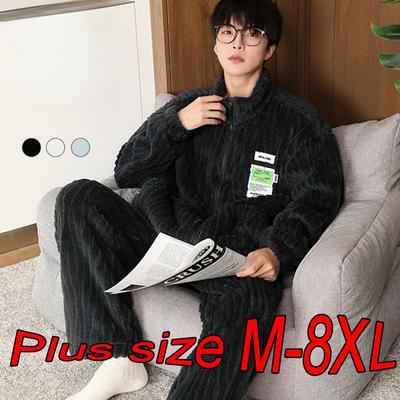 M-8XL Пижама больших размеров мужская зимняя коралловая флисовая толстая бархатная на молнии кардиган пижама однотонный теплый домашний костюм