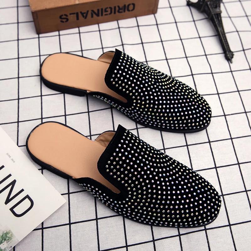 Luxury Glitter Rhinestone Leather Shoes Men Designer Outerwear Mules Casual Slides Slippers Sandals Male Fashion Shoes for Men