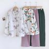 New Women's Pajamas Set 100% Cotton Crepe Floral Simple Long Sleeve Two Piece Pajamas Set