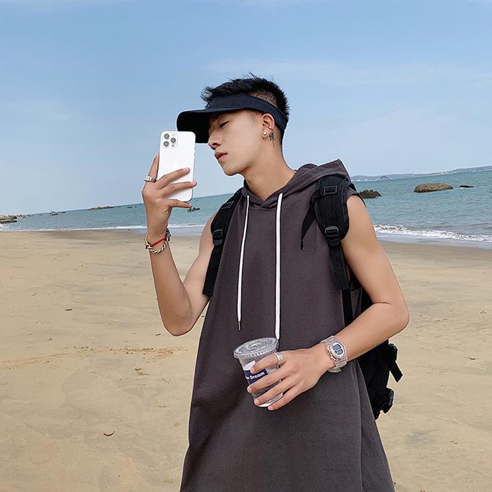 2022 Summer Men's Hip Hop Hooded Sleeveless Tank Top - Trendy Solid Color for Students