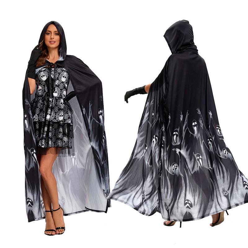 Halloween Black Skull Dress Cape Set Cosplay Ghost Bride Stage Performance Costume