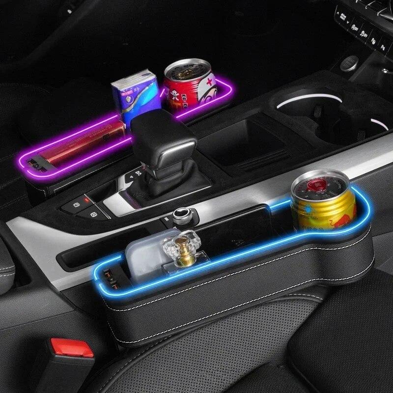 Car Crevice Storage Box with 2 USB Charger Colorful LED Seat Gap Slit Pocket Seat Organizer Card Phone Bottle Cups Holder