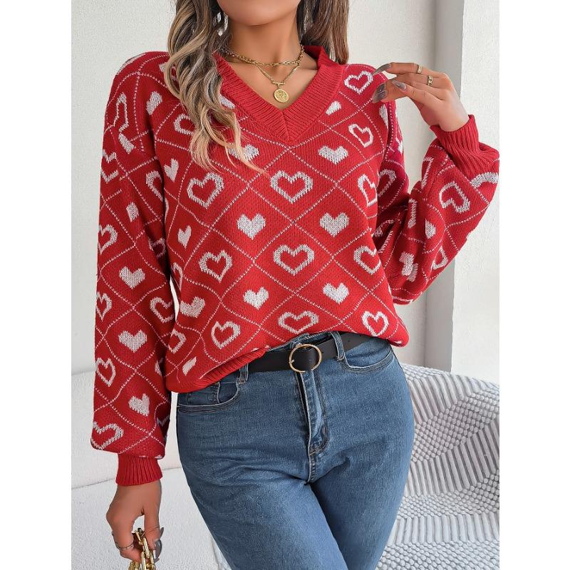Women's Autumn and Winter Sweet Color Collision Love Lantern Sleeve Pullover Sweater
