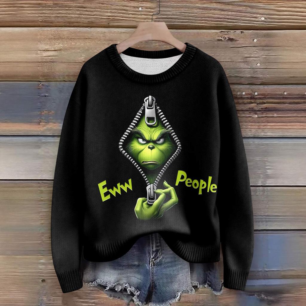 Long Sleeve Pullover Sweaters For Women O Neck Casual Cute Printing Knit Oversized Sweater