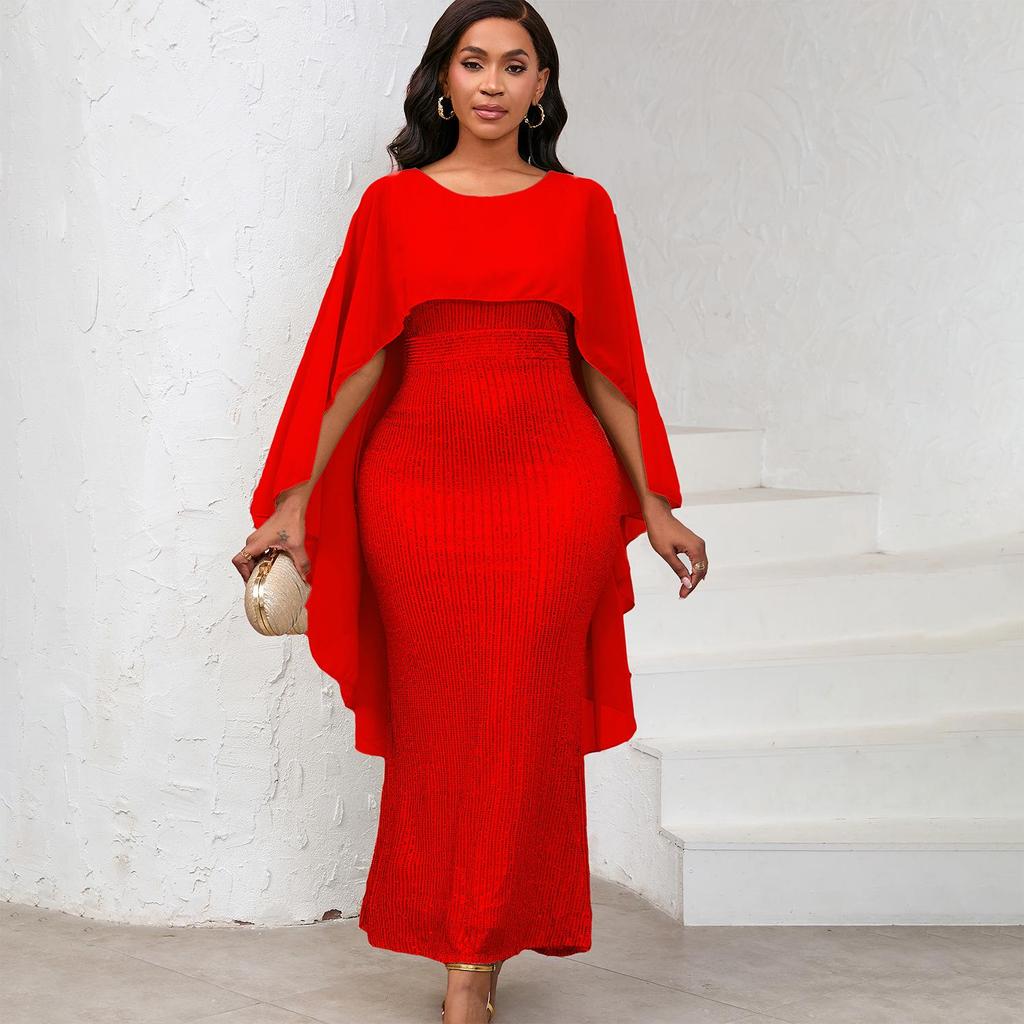 Европейское и американское женское весеннее шифоновое кейп-платье с пайетками и длинной юбкой для вечеринки