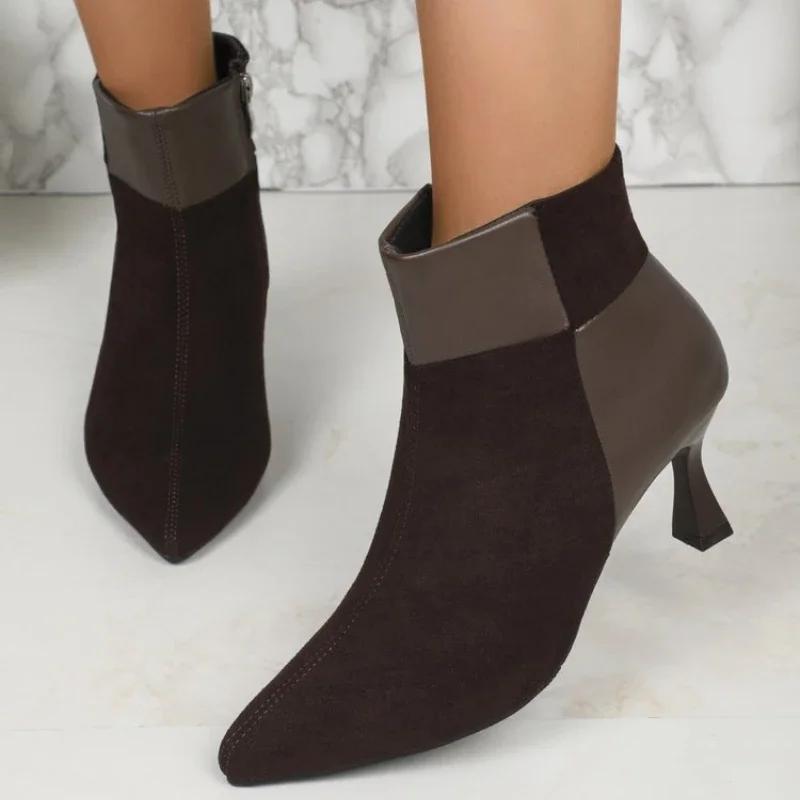 2024 Осенние ботильоны на высоком каблуке, женские ботинки с леопардовым принтом больших размеров, женские туфли с острым носком в стиле ретро, с боковой молнией