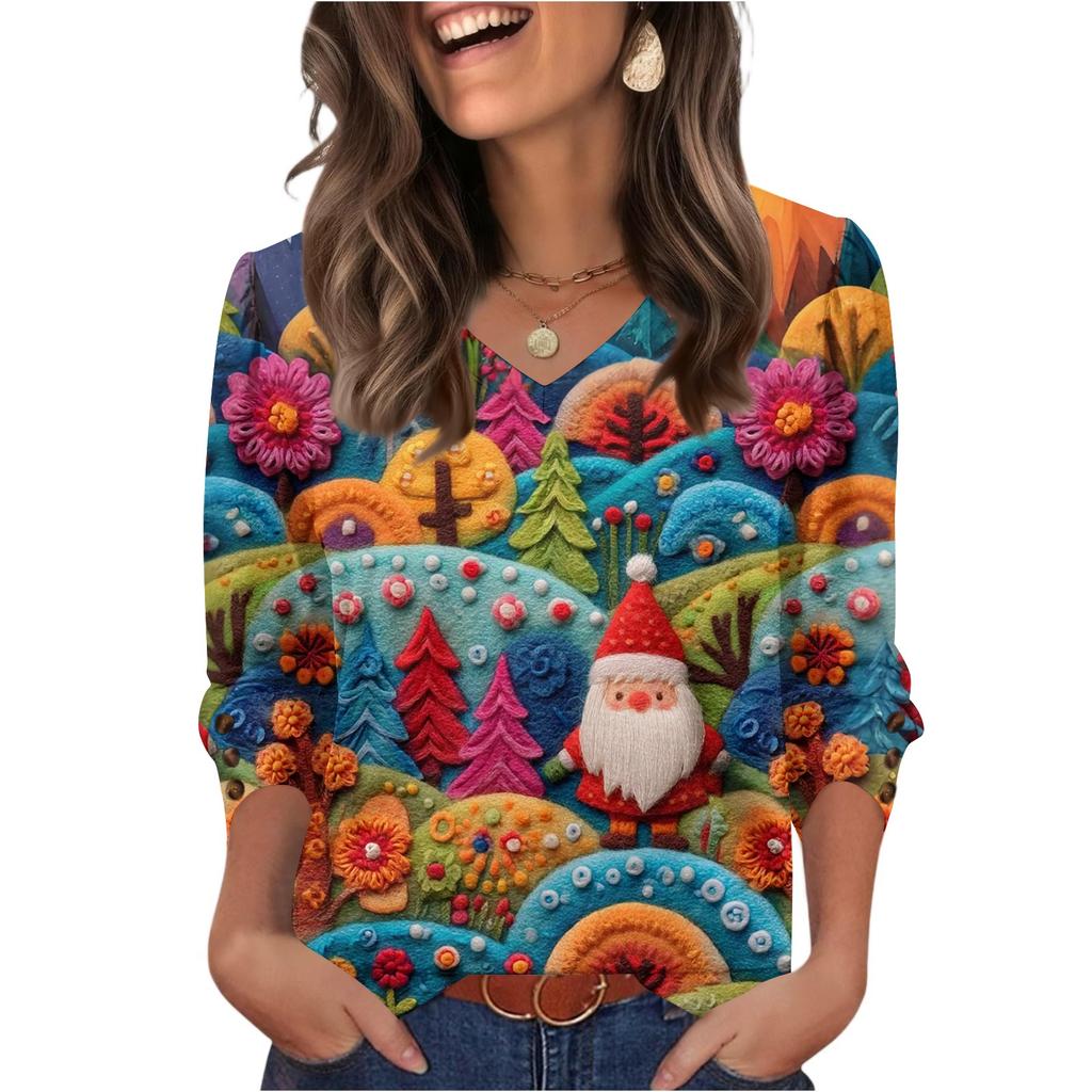Женский модный повседневный топ с V-образным вырезом и рождественским принтом