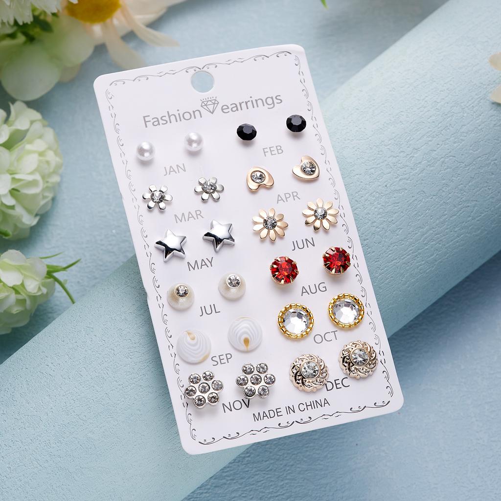 12 Pairs/set Crystal Simulated Pearl Stud Earring Sets For Women Shiny Rhinestone Flower Moon Star Metal Earring Mixed Zircon