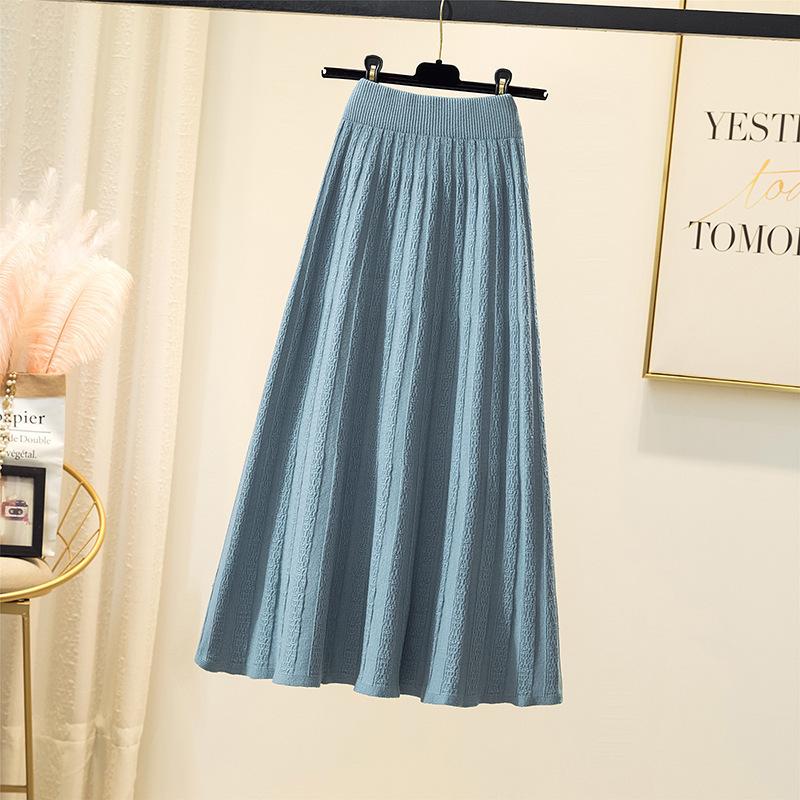 Вязаная юбка для женщин Осень и Зима с высокой талией средней длины А-силуэта плиссированная юбка