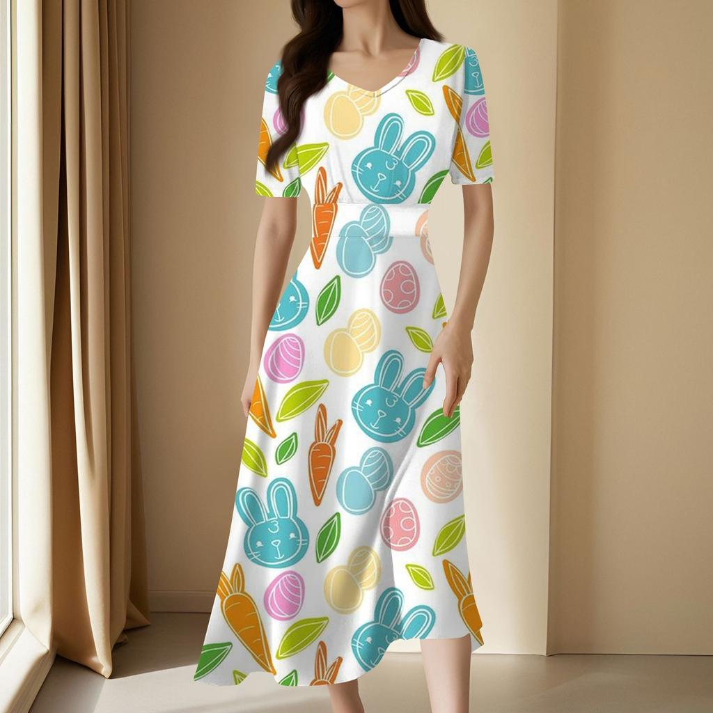 Ladies Casual Fashion Gradient Print V-Neck Short Sleeve Waist Long Swing Dress