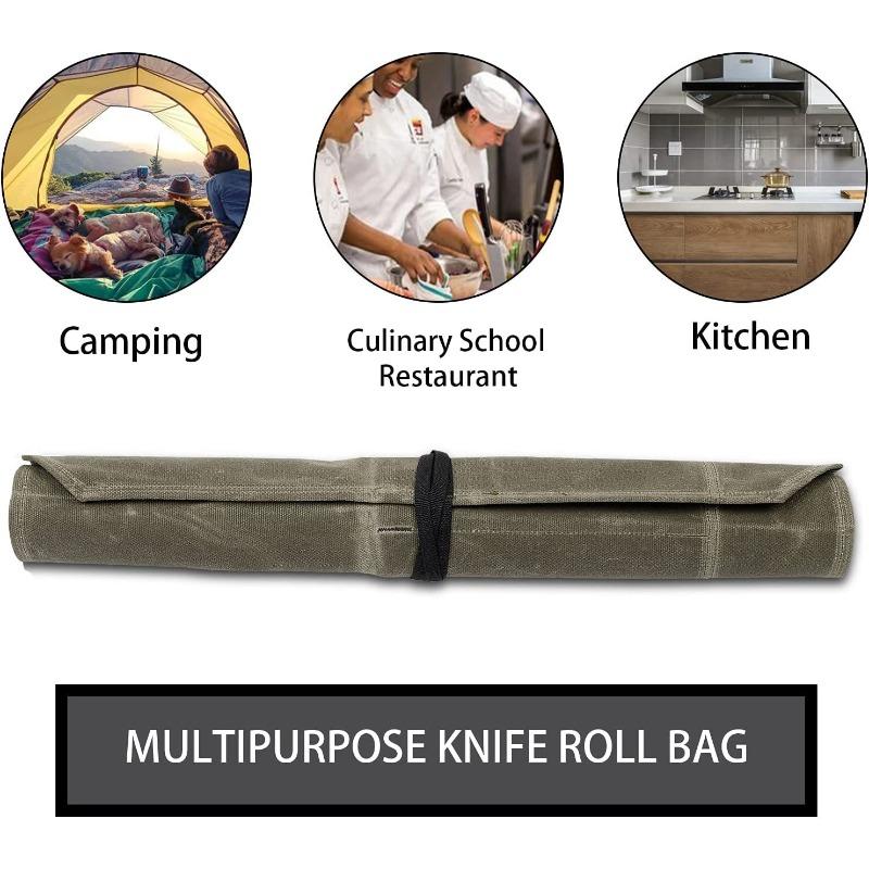 Chef Knife Roll Bag - Canvas Cutlery Organizer for Kitchen, Camping, BBQ & Travel, Portable Knife Storage with Multiple Pockets