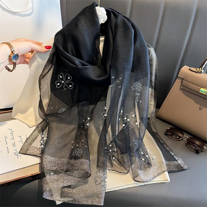Роскошный блестящий кружевной шарф шелковый женский хиджаб мягкие шерстяные шали и палантины большой цветок тонкие шарфы фуляр женский буфанда новый
